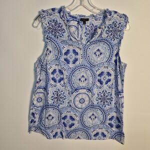Talbots Women Large Blue White Medallion Print Sleeveless Boho Blouse